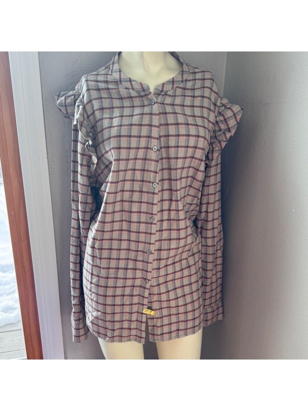 Paige women’s flannel shirt brown plaid frilly shoulders size XL